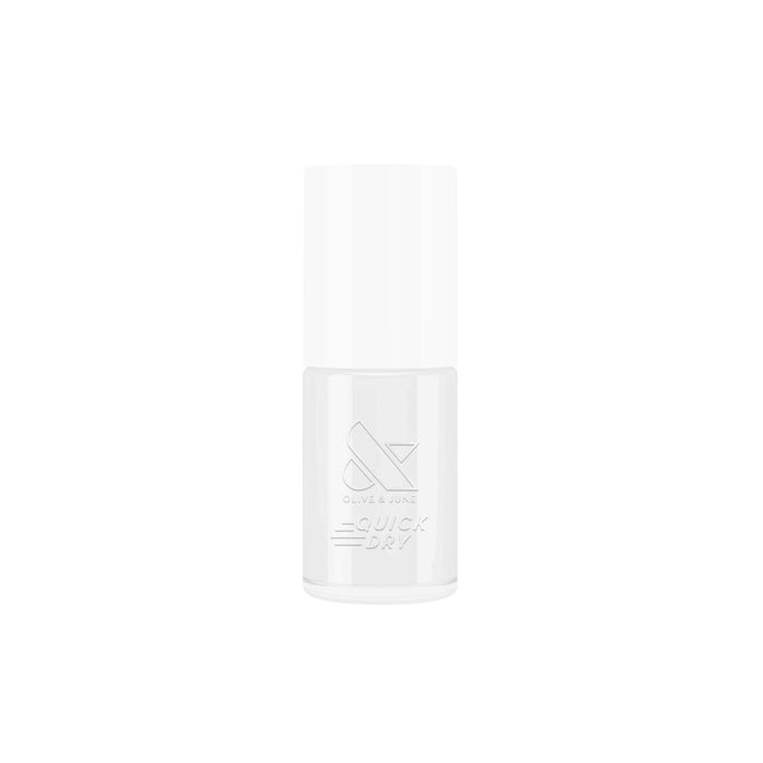 Bottle of Crystal nail polish by Olive and June in a sleek white quick dry polish container on white background