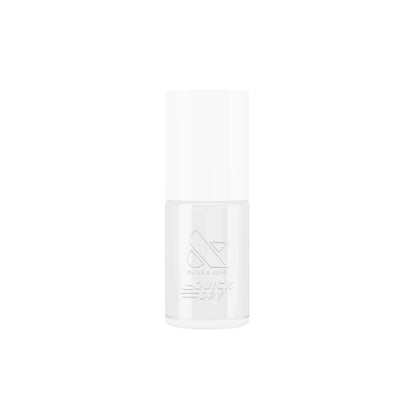 Bottle of Crystal nail polish by Olive and June in a sleek white quick dry polish container on white background