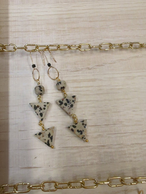 Dalmation Triangle Drop Earrings by Skipping Stones Jewelry featuring black and white spotted Dalmatian stone triangles hanging from earring hooks
