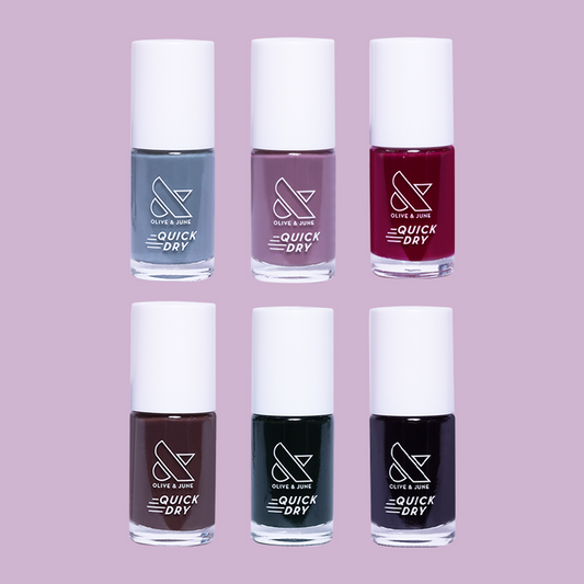 DEEPS & DARKS nail polish set with six deep, moody shades for quick dry, long-lasting at-home mani.