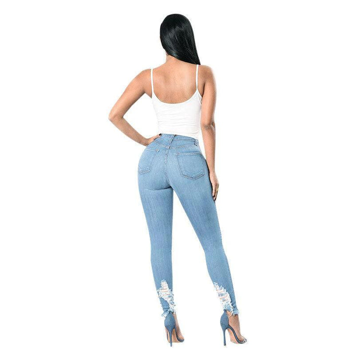 Denim Pencil Pants Slim Long Trousers Ripped Hole Stretch Feet Pants Female