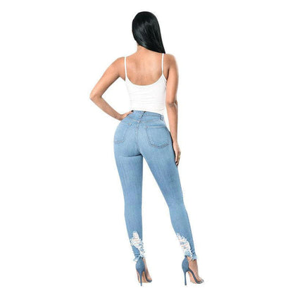 Denim Pencil Pants Slim Long Trousers Ripped Hole Stretch Feet Pants Female