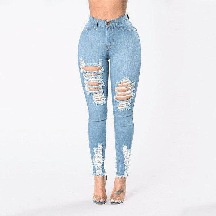 Denim Pencil Pants Slim Long Trousers Ripped Hole Stretch Feet Pants Female