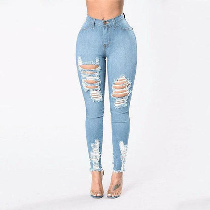 Denim Pencil Pants Slim Long Trousers Ripped Hole Stretch Feet Pants Female