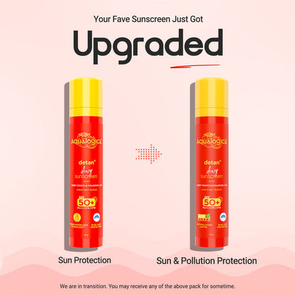 Two bottles of detan sunscreen with text about an upgrade on a pink background