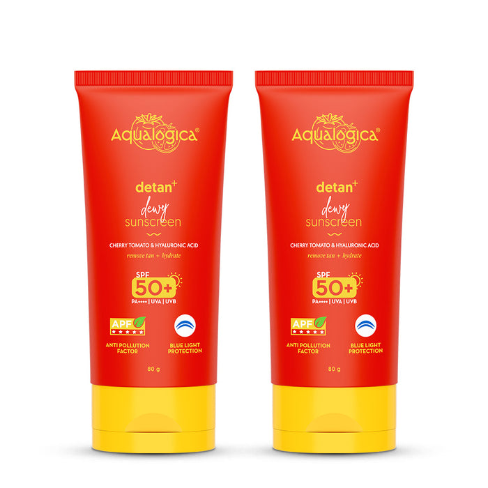 Detan+ Dewy Sunscreen In-Vivo Tested SPF 50+ PA++++ with Cherry Tomato & HA - 80 g (Pack of 2)