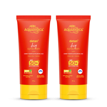Detan+ Dewy Sunscreen In-Vivo Tested SPF 50+ PA++++ with Cherry Tomato & HA - 80 g (Pack of 2)