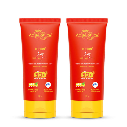Detan+ Dewy Sunscreen In-Vivo Tested SPF 50+ PA++++ with Cherry Tomato & HA - 80 g (Pack of 2)