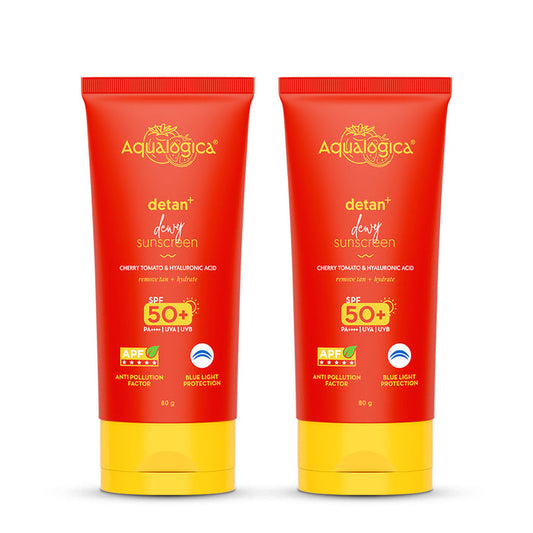 Detan+ Dewy Sunscreen In-Vivo Tested SPF 50+ PA++++ with Cherry Tomato & HA - 80 g (Pack of 2)