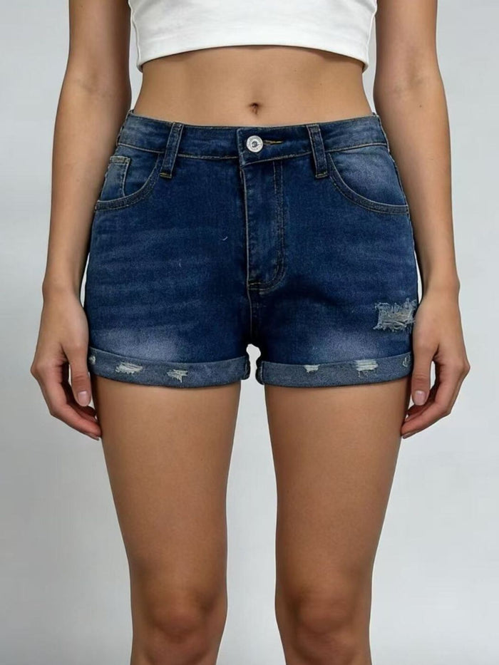 Distressed Denim Roll-Up Shorts