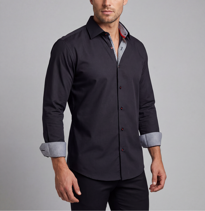 Donny// Fitted Cotton Knit-Stretch Button-Up Shirt w/Contrast Details - Black