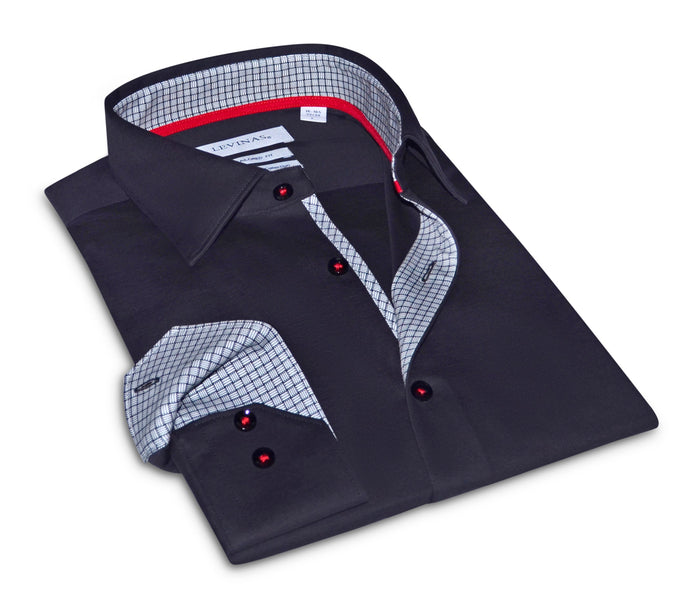 Donny// Fitted Cotton Knit-Stretch Button-Up Shirt w/Contrast Details - Black