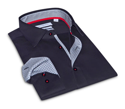 Donny// Fitted Cotton Knit-Stretch Button-Up Shirt w/Contrast Details - Black