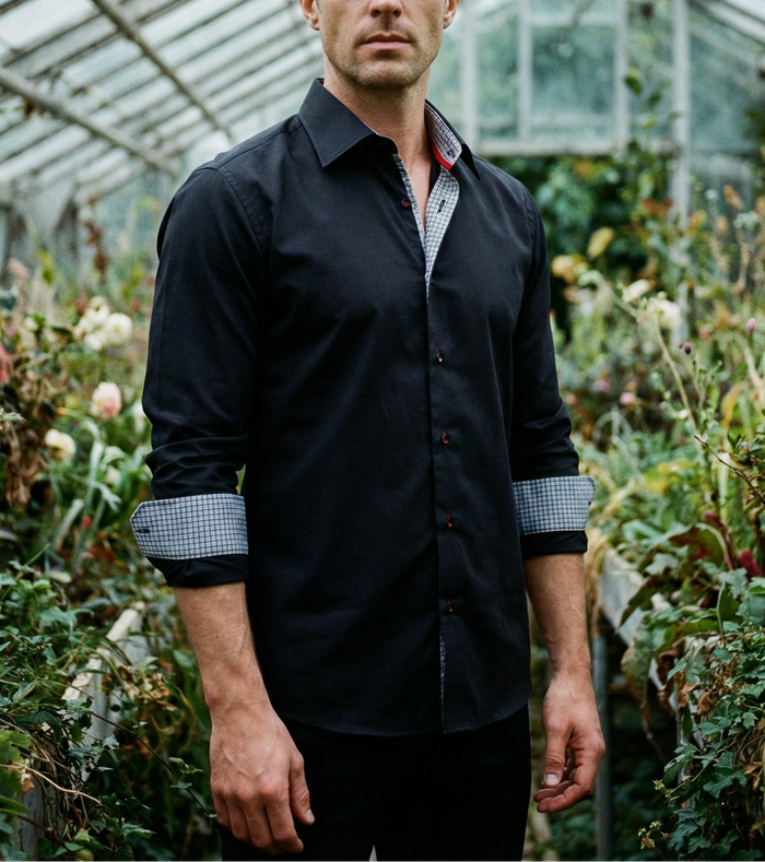 Donny// Fitted Cotton Knit-Stretch Button-Up Shirt w/Contrast Details - Black