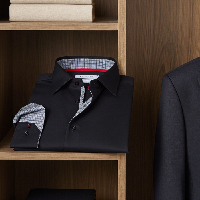 Donny// Fitted Cotton Knit-Stretch Button-Up Shirt w/Contrast Details - Black