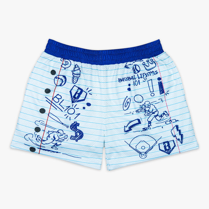 White youth shorts with “Doodle” design — front view