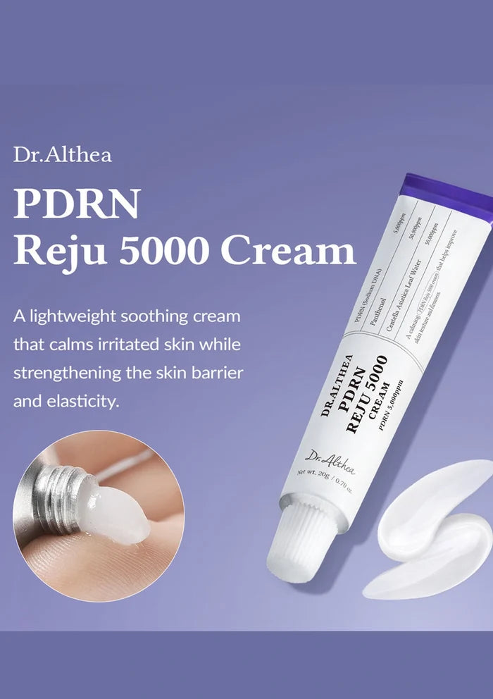 Dr. Althea PDRN Reju 5000 Cream tube on a purple background with text about the product.