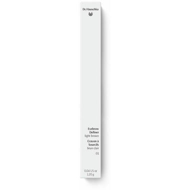 Dr. Hauschka Eye Brow Definer in Light Brown NIB, close-up of the brow pencil with sharpened tip and packaging visible.