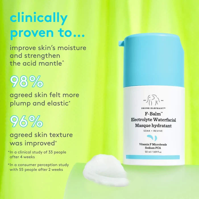 Drunk Elephant F-Balm™ Electrolyte Waterfacial Mask 50ml beauty product with a sleek jar and vibrant blue design.