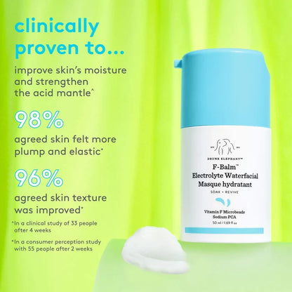 Drunk Elephant F-Balm™ Electrolyte Waterfacial Mask 50ml beauty product with a sleek jar and vibrant blue design.