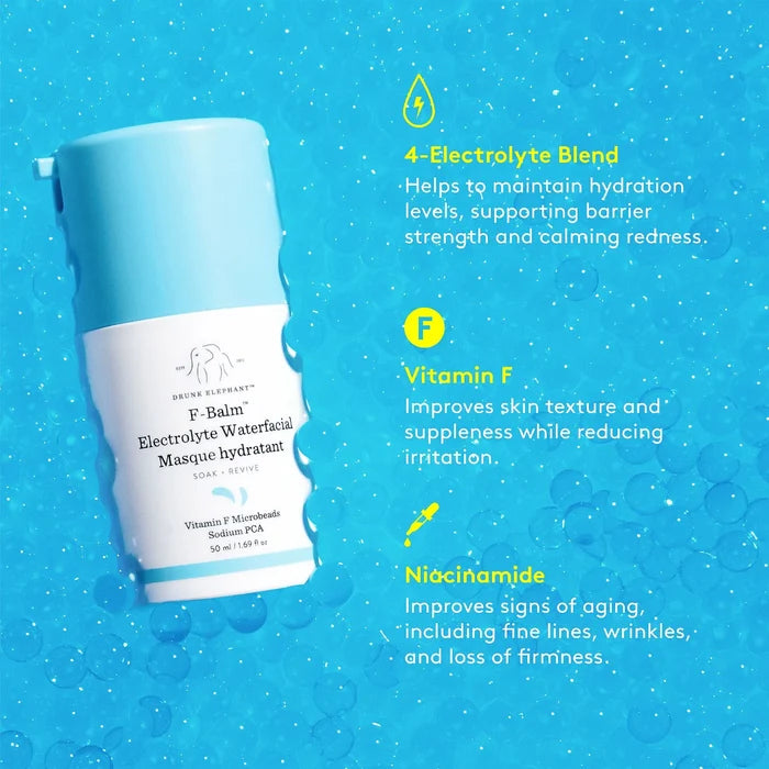 Drunk Elephant F-Balm Electrolyte Waterfacial Mask in 50ml jar, featuring vibrant packaging and a smooth, refreshing gel texture.