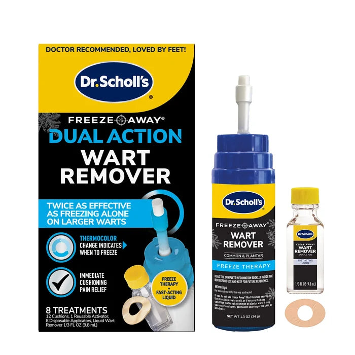 Dual Action Freeze Away wart remover kit with blue applicator pen and treatment bottle