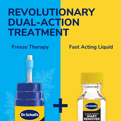 Dual-action wart remover treatment with freeze therapy applicator and fast-acting liquid bottle
