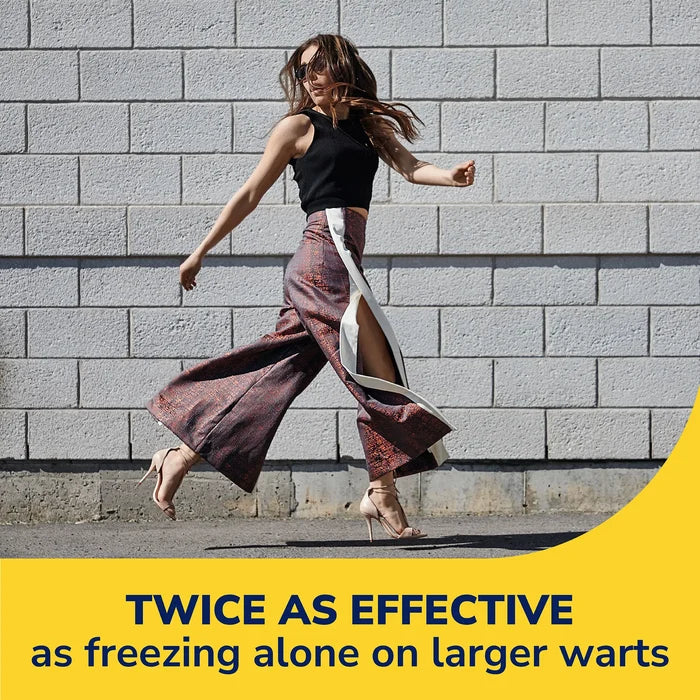 Person running outdoors with wart remover promotional text and yellow banner
