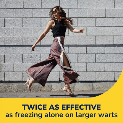 Person running outdoors with wart remover promotional text and yellow banner
