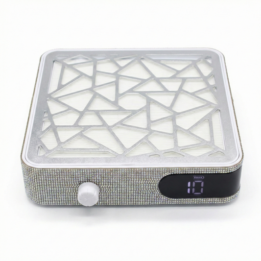 A007S Strong Nail Dust Collector with Filter | Dust extractor fan for nail filing with Digital display and with geometric design on a white background