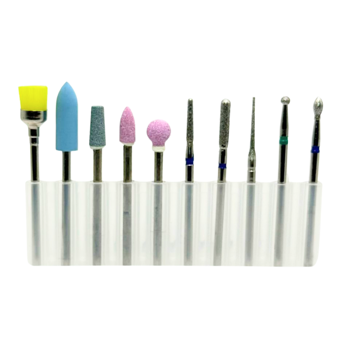 P145 E-file Drill Bit Set with Cuticle Brush 9 piece | Set of nail drill bits in various colors, made of ceramic or steel, on a white background