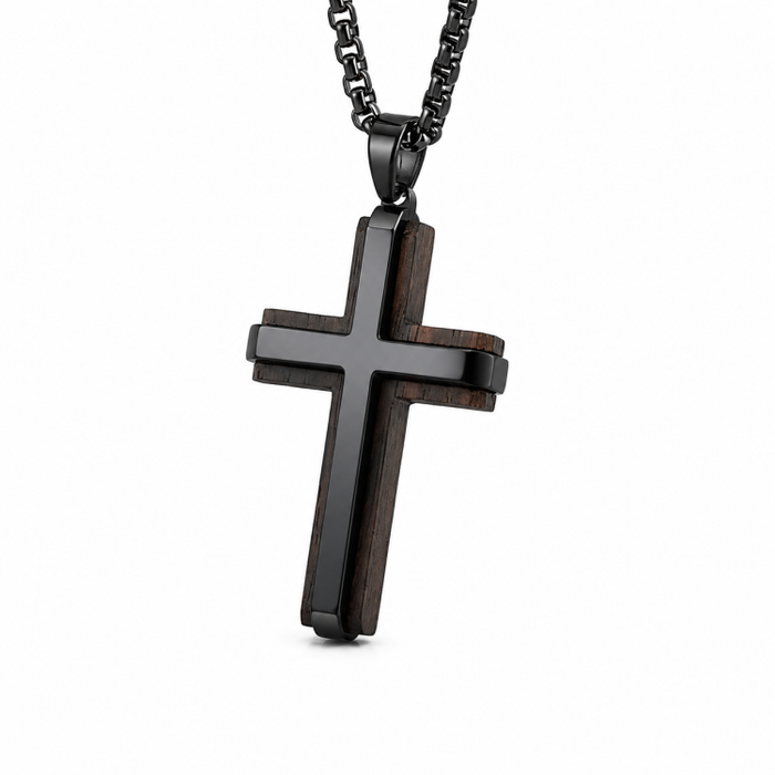 Ebonarc Men's Black Plated Stainless Steel Cross with Ebony Wood Inlay