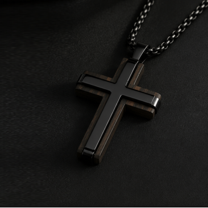 Ebonarc Men's Black Plated Stainless Steel Cross with Ebony Wood Inlay