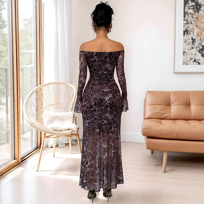 Elegant Retro Off-Shoulder Long Sleeve  Leopard Print Dress