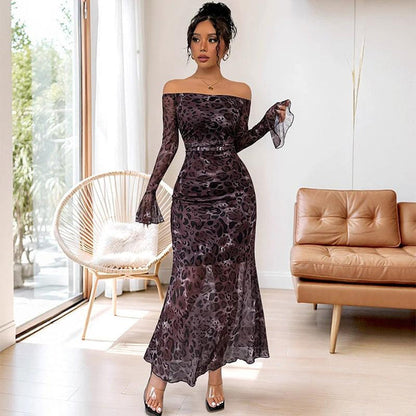 Elegant Retro Off-Shoulder Long Sleeve  Leopard Print Dress