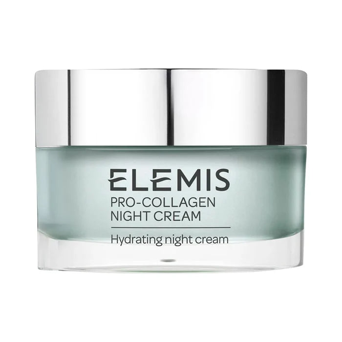 Elemis Pro-Collagen Anti-Aging Night Cream 50ml jar with sleek packaging, designed to hydrate and reduce wrinkles overnight.
