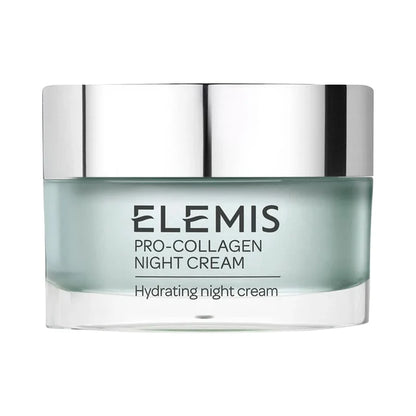 Elemis Pro-Collagen Anti-Aging Night Cream 50ml jar with sleek packaging, designed to hydrate and reduce wrinkles overnight.