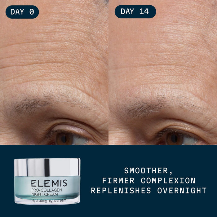 Elemis Pro-Collagen Anti-Aging Night Cream 50ml jar, creamy skincare product for mature skin, with a smooth, elegant container.
