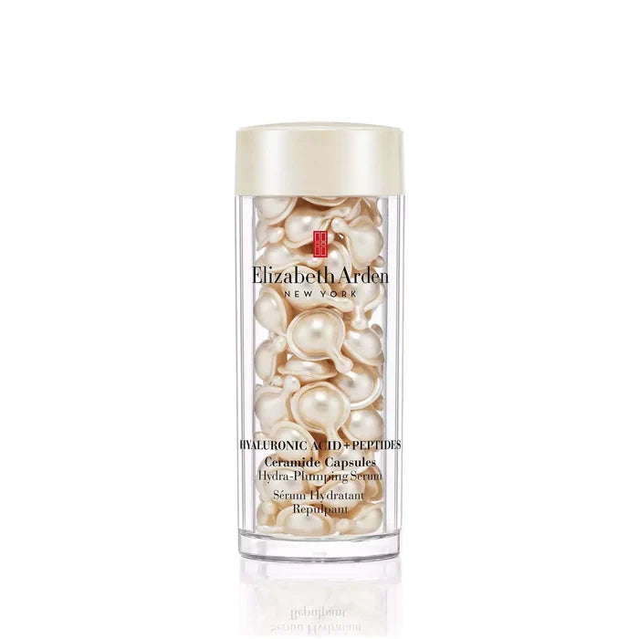 Elizabeth Arden Hyaluronic Acid and Peptides Ceramide Capsules Hydra-Plumping Serum in a 60-count jar, skincare capsules for hydration.