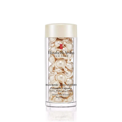 Elizabeth Arden Hyaluronic Acid and Peptides Ceramide Capsules Hydra-Plumping Serum in a 60-count jar, skincare capsules for hydration.