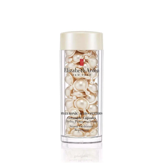 Elizabeth Arden Hyaluronic Acid and Peptides Ceramide Capsules Hydra-Plumping Serum in a 60-count jar, skincare capsules for hydration.