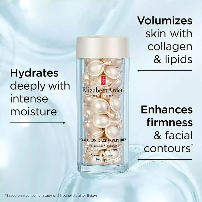 Elizabeth Arden Hyaluronic Acid + Peptides Ceramide Capsules Hydra-Plumping Serum in a jar with 60 capsules, showing the product and packaging