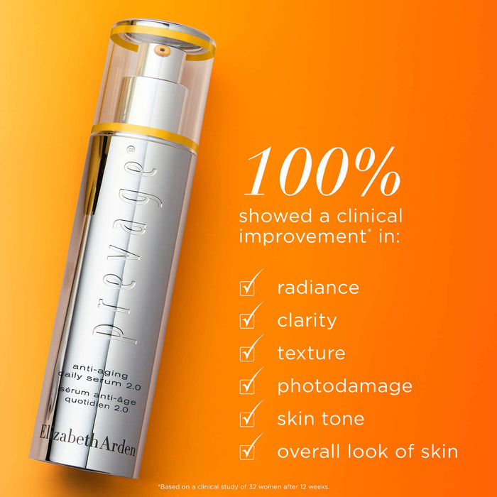 Elizabeth Arden Prevage Daily Serum 2.0 50ml bottle with white packaging, skincare product for anti-aging and skin protection