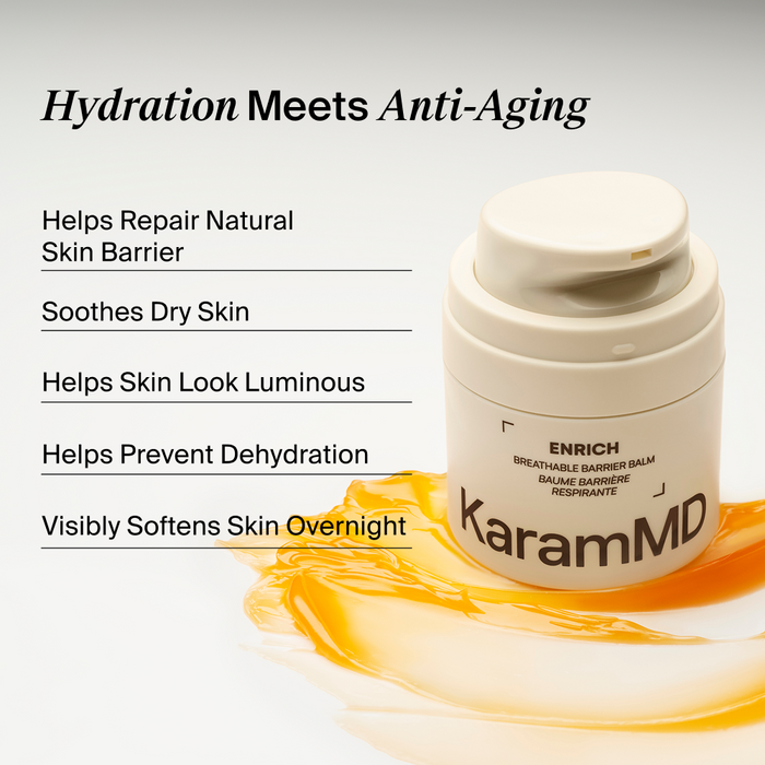 KaramMD Enrich Breathable Barrier Balm bottle on a light gray background with text listing benefits and an orange-yellow balm smear at the bottom. 
Hydration Meets Anti-Aging
Helps repair natural skin barrier, soothes dry skin, helps skin look luminous, helps prevent dehydration, visibly softens skin overnight