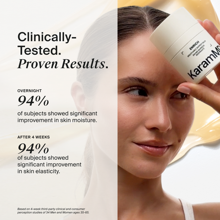 A skincare ad showing a woman holding a white Karama Overnight Moisturizing Cream jar near her face, with text on the left reading 'Clinically-Tested. Proven Results.