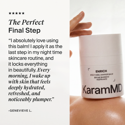 A white jar of KaramMD Enrich Breathable Barrier Balm on a model's shoulder, next to a testimonial quote from Genevieve L.: "I absolutely love using this balm! I apply it as the last step in my nighttime skincare routine, and it locks everything in beautifully. Every morning, I wake up with skin that feels deeply hydrated, refreshed, and noticeably plumper."