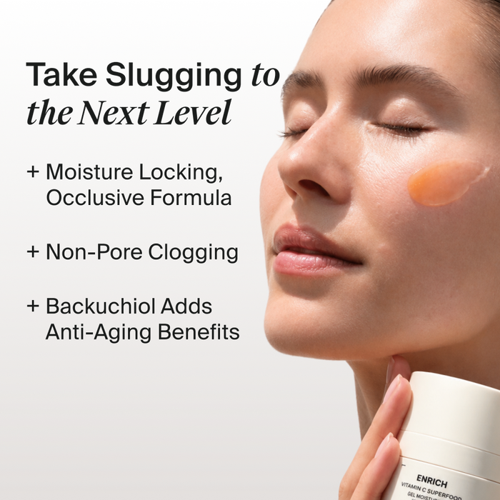 Close-up of a woman with her eyes closed, holding Enrich Barrier Balm near her chin, with text on the left reading 'Take Slugging to the Next Level' and bullet points about moisture locking, occlusive formula, non-pore clogging, and backuchiol anti-aging benefits.