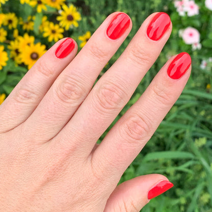 Hand with nails painted in ES polish showing bright crimson red glossy long-lasting manicure outdoors with flowers in background