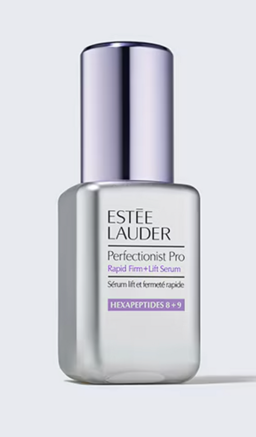Estee Lauder Perfectionist Pro Rapid Firm + Lift Serum with Hexapeptides 8 and 9, 30ml bottle, close-up of product packaging