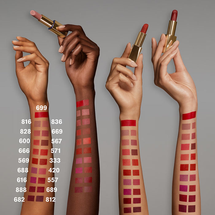 Estee Lauder Pure Color Matte Lipstick in various shades, new in box, showcasing vibrant lipstick colors and sleek packaging.
